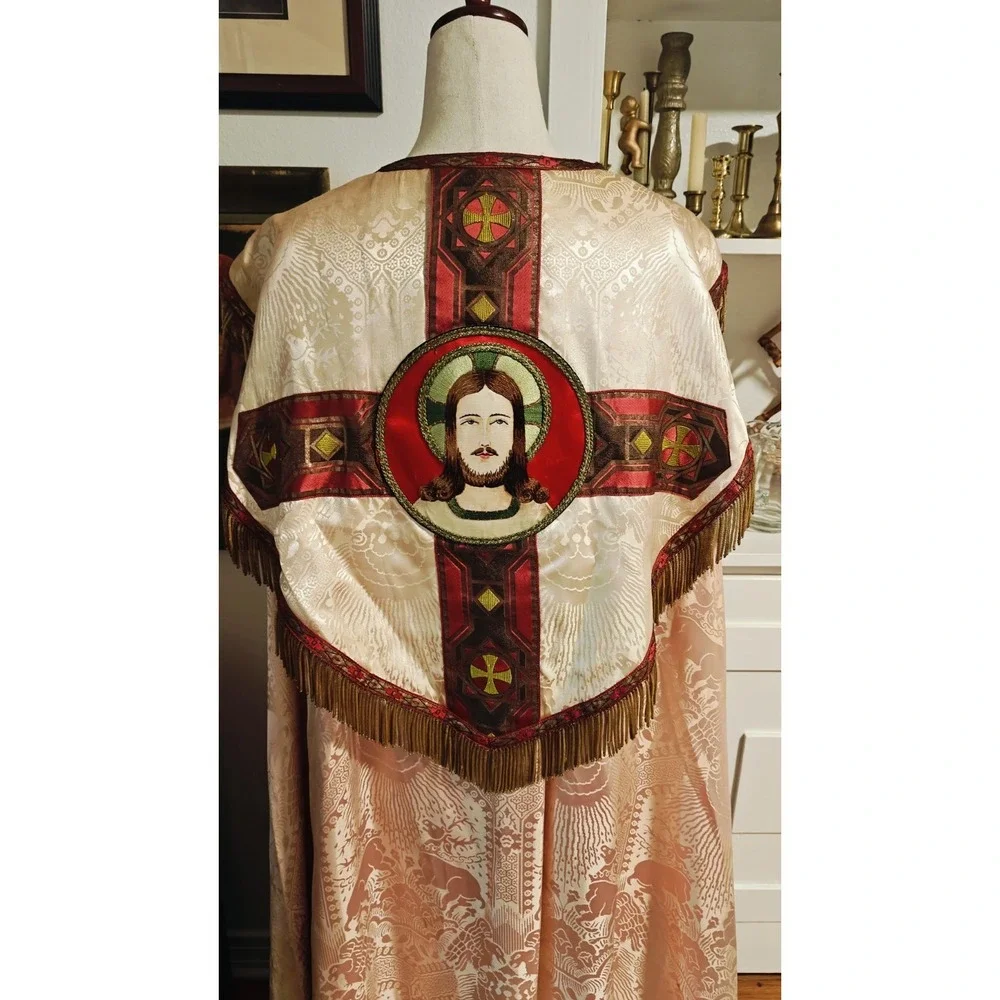 Antique Gothic Liturgical Chausable Cope Hand Painted Gold Boullion Fringe Silk
